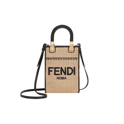 FENDI SUNSHINE MINI STRAW & LEATHER TOTE 8BS051AFQPF0VPJ (18*13*6cm)